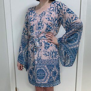 Statement Pink & Blue Dress with Bell Sleeves